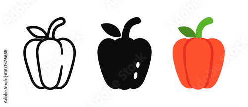 Minimalist bell pepper icons in flat, linear, and solid styles for modern designs