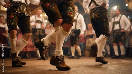 Dynamic Low-Angle View of Bavarian Men Performing the Schuhplattler Folk Dance.