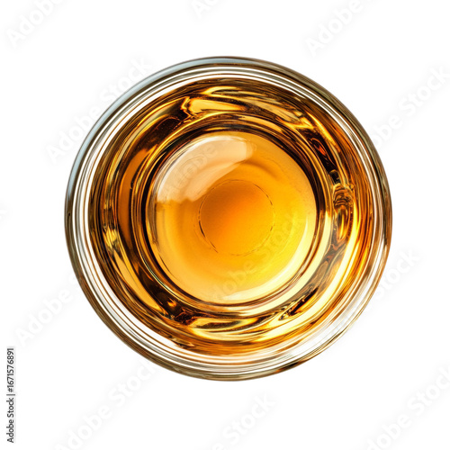A close-up view of a golden amber liquid in a glass cup, revealing the rich color and clarity of the beverage, showcasing its enticing hue on transparent background.