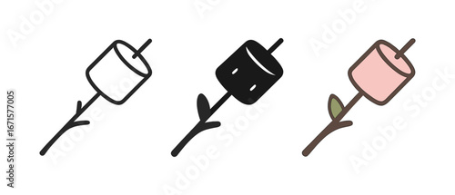 Trio of skewered marshmallows in linear, silhouette, and flat styles