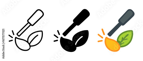 Gardening tools and leaves icon set: outline, filled, and colorful variants