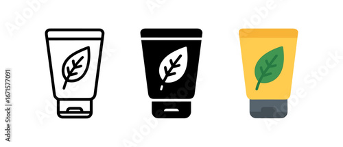 Eco-friendly product icons: minimalist cosmetic tube designs with leaf motif