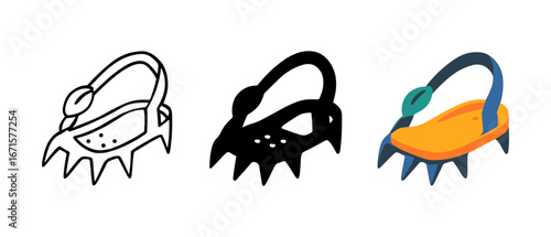 Stylized crampons: outline, solid, and colorful 3d designs for outdoor adventures