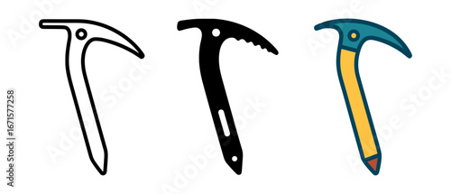 Set of mountaineering ice axes in different styles: outline, silhouette, and flat