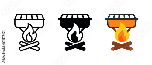 Barbecue grill icons: outline, solid, and color variations for campfire cooking