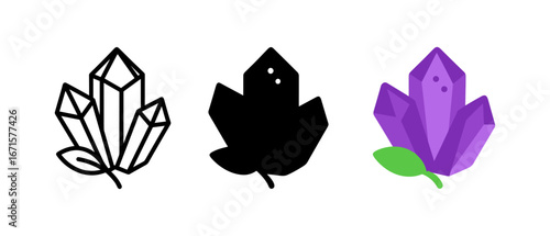 Geometric nature icons: crystal, leaf, and flower in modern minimalist style