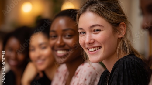 Group of friends enjoying a joyful dinner gathering in a cozy restaurant during evening hours