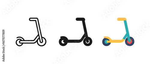 Minimalist icons of scooters in flat, silhouette, and colorful styles