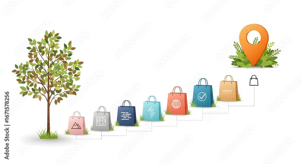 Fototapeta premium Eco-friendly shopping bags lined up near a leafy tree with a location pin graphic symbolizing sustainable choices