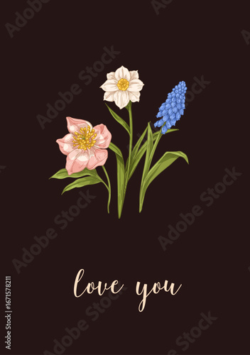 Spring flowers, floral botanical card design with handwritten phrase Love You...