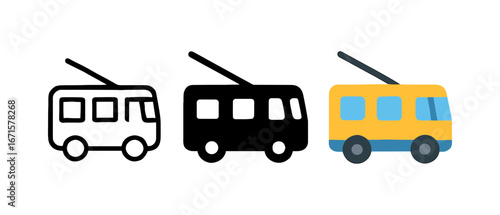 Various trolleybus styles: outline, solid, and colorful flat design