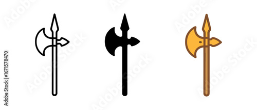 Triple medieval battle axe set in outline, solid, and color styles