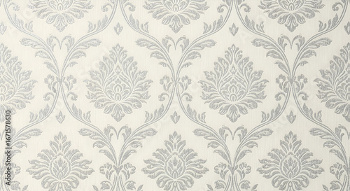 Elegant, repeating damask pattern wallpaper in light gray and white.