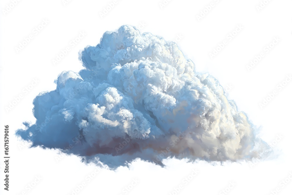 Fluffy white cloud with subtle blue shadows, isolated against a pure white background