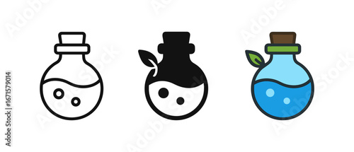 Eco-friendly potion icons: line, silhouette, and colored designs