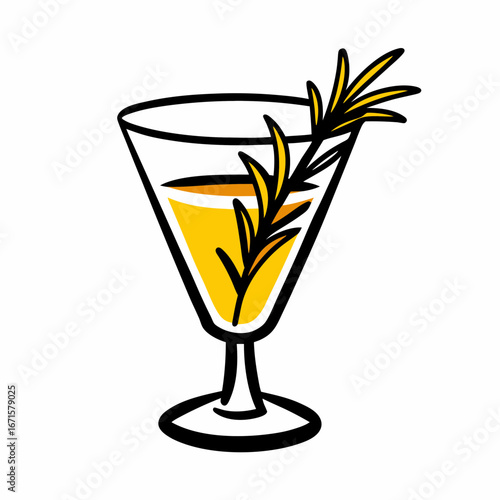 Cocktail glass with yellow drink and rosemary sprig garnish  