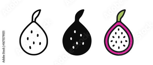 Minimalist dragon fruit icons: outline, solid, and colorful variations