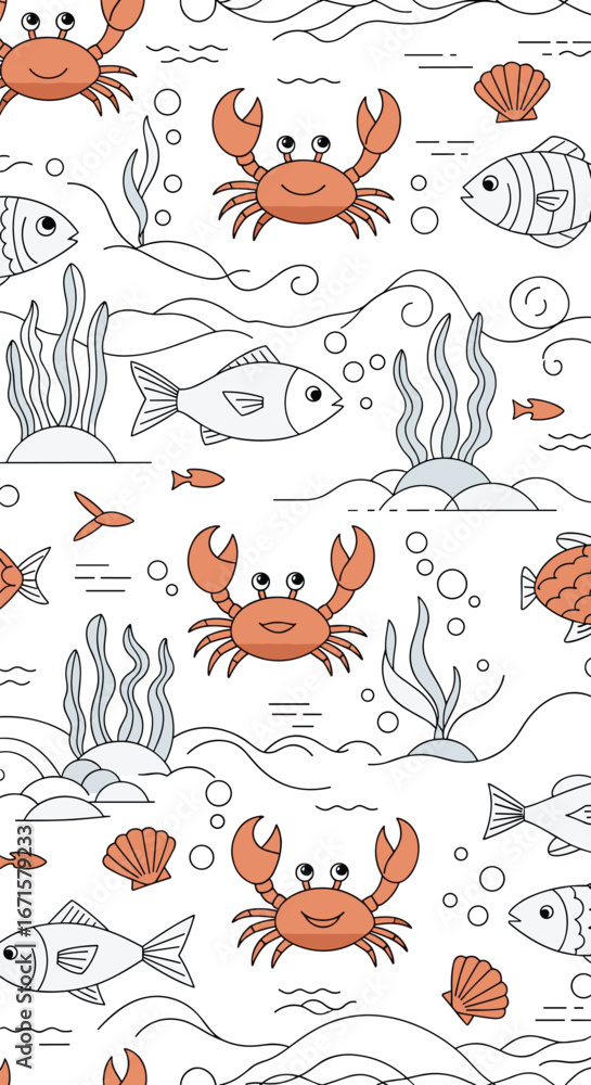 Fototapeta premium Charming underwater world with crabs fish and seaweed pattern design