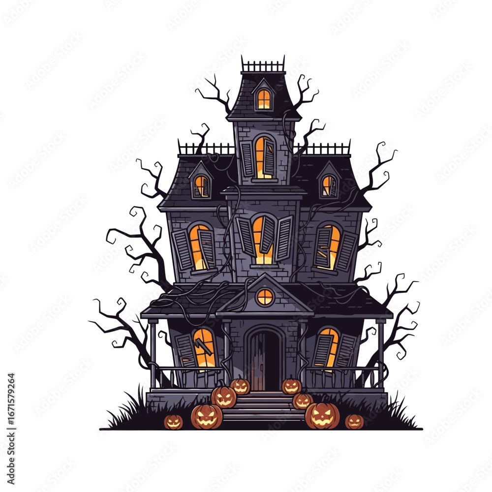 Fototapeta premium Spooky haunted house illustration with pumpkins and bare trees, perfect for Halloween.