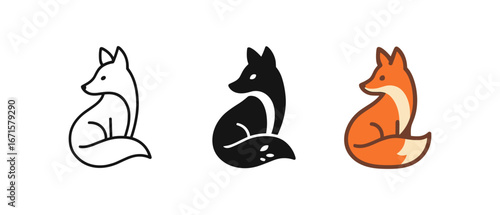 Minimalist fox designs in outline, solid, and color styles