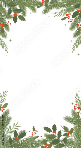 Festive winter evergreen garland with holly berries and pine needles border