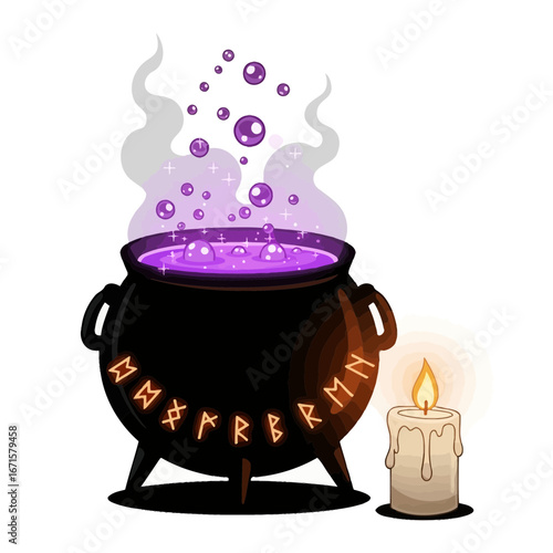 Stock Illustration of a Bubbling Cauldron with Runes and a Candle for Fantasy and Halloween Designs