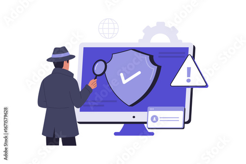 Cybersecurity Auditing and Threat Analysis Illustration. A Detective-like Professional Inspecting a Computer for Security Vulnerabilities and Malware. Vector Flat Illustration