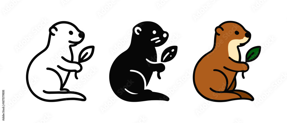 Fototapeta premium Cute otter trio with leaf in minimalistic silhouette and flat style