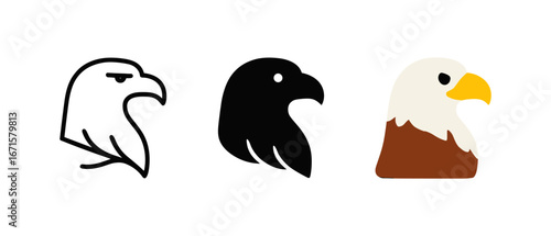 Eagle head icons in minimalist, silhouette, and flat cartoon styles