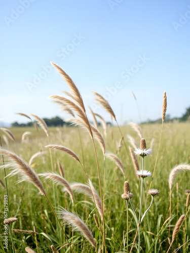 minimalistic image of feather grass and canadian fleabane plants on a windy, sunny day in a park