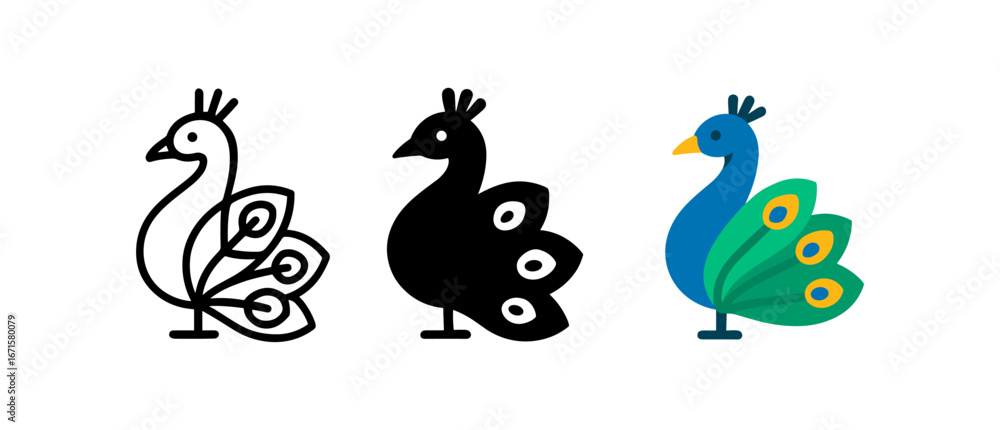 Fototapeta premium Peacock icons: outline, silhouette, and colorful designs