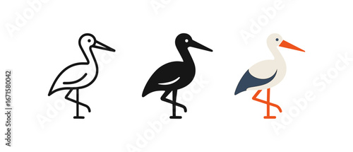 Minimalist stork design set in outline, silhouette, and color styles
