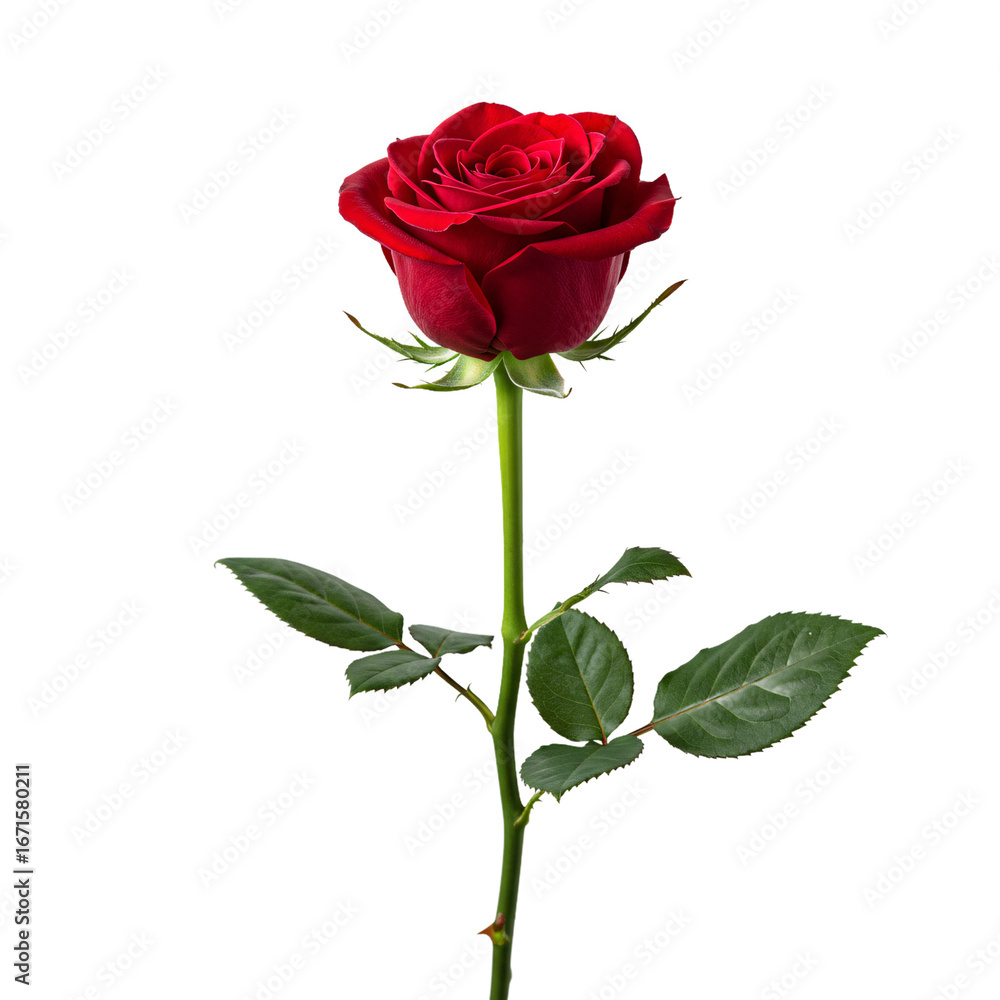 Fototapeta premium A single perfect red rose with green leaves and stem isolated on transparent background