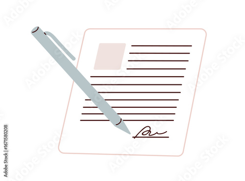 Signing business document with pen. Putting signature on official formal legal paper sheet. Contract, agreement, deal and statement concept. Flat vector illustration isolated on white background