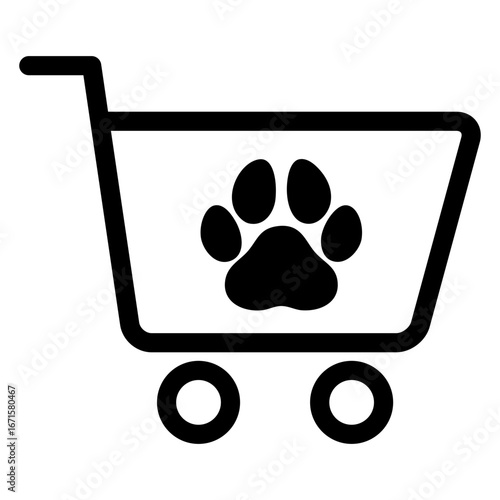 Tienda de mascotas. Icono con huella de animal en carrito de la compra