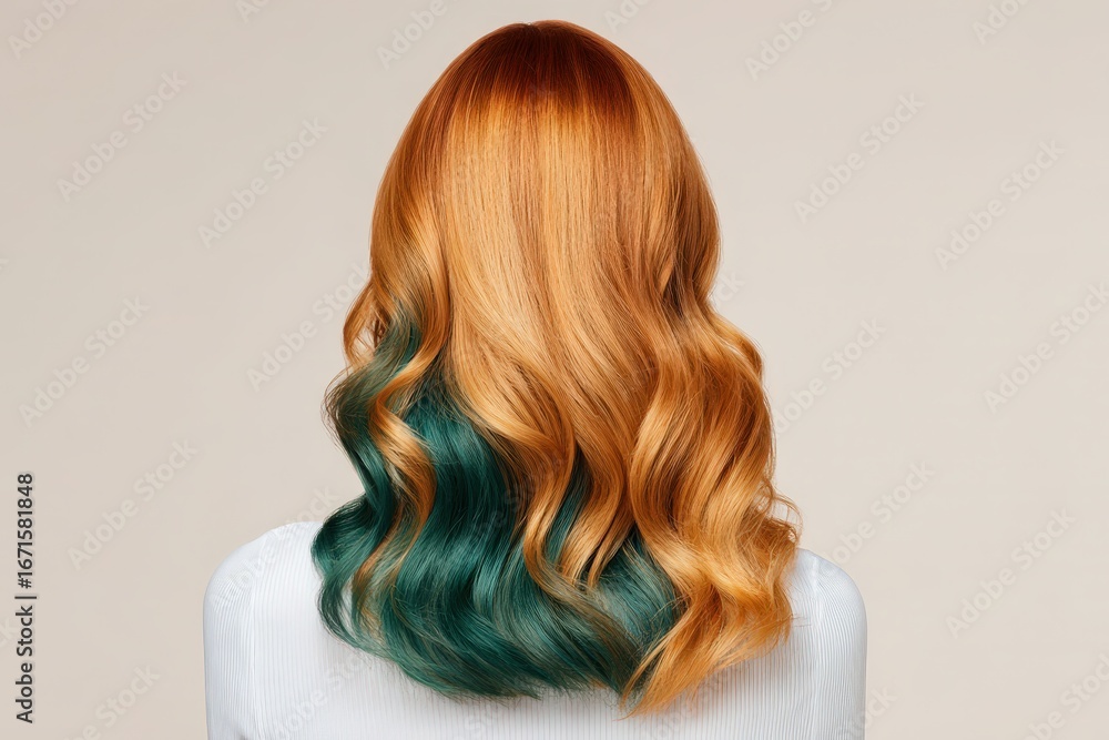 Fototapeta premium A woman's back view showcases vibrant, wavy hair with a striking ombre of auburn and teal, creating a dynamic and stylish look against a simple backdrop.