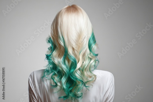 A back view showcases beautifully styled, curly blonde hair with vibrant teal highlights, creating a striking and fashionable look against a neutral backdrop.