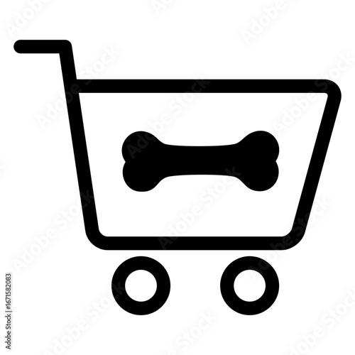 Tienda de mascotas. Comida para mascotas. Icono con hueso en carrito de la compra