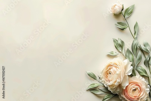 Delicate, pastel-toned floral arrangement in cream and peach hues, artfully arranged in a corner, against a soft, muted background.