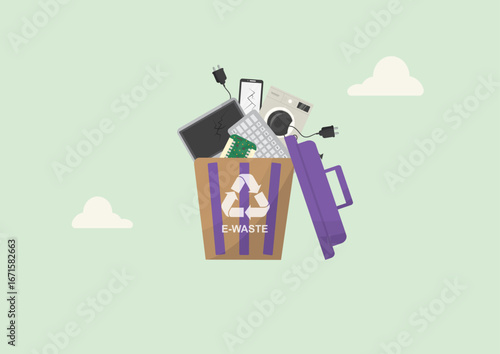 Electronic Waste Recycling Bin with Broken Devices. E-waste with broken electronic devices including phones, tablets, keyboards and circuit boards. E-waste concept. Zero waste. Vector illustration