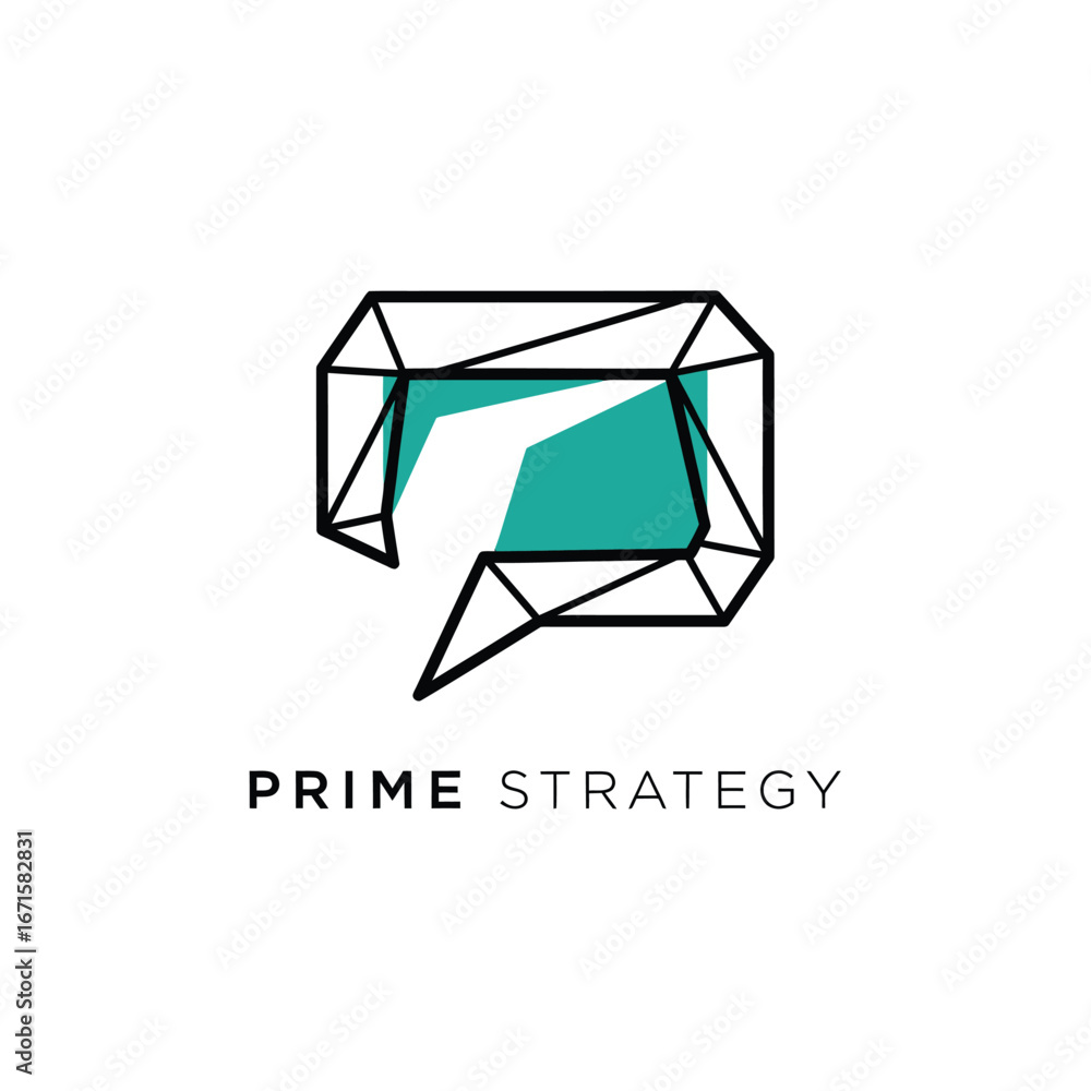 Fototapeta premium A modern geometric logo design featuring a stylized speech bubble with a teal accent, representing communication and strategy, with the text 