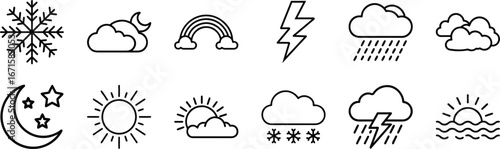 Diverse weather icons featuring snowflake, moon, night, rainbow, lightning, rain, clouds, sun, and thermometer, isolated on transparent background