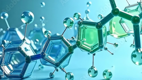 A serene and mesmerizing animation of transparent molecule growing like expanding hexagons emerges in a cascade of iridescent blue and green hues, pulsating gently against a pure clean