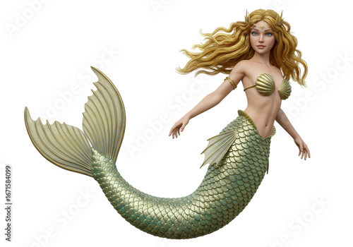 Isolated Blonde mermaid with flowing hair and scales, mythical aquatic creature, fantasy art