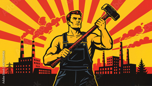 Retro worker with hammer industrial propaganda style
