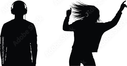 silhouette, music, headphones, vector, illustration, listening, dancing, male, female, black, white, graphic, design, audio, sound, profile, figure, movement, raised, arm, energetic, pose, contrast