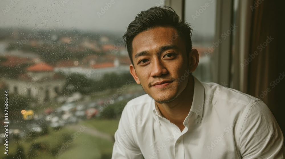 Obraz premium Young man in a white shirt smiling by a rainy window overlooking a bustling cityscape