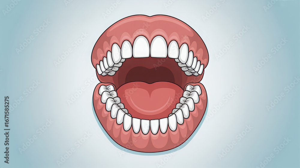 Naklejka premium Cartoon Illustration of Open Human Mouth with Teeth Tongue and Gums Depicting Dental Hygiene and Oral Health Concepts