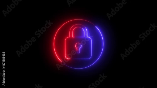 Glowing neon lock and password icon animation into circle. security encryption privacy padlock protection sign symbol. neon unlocked padlock icon.