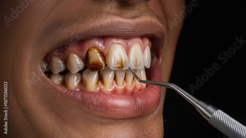 Close up of a human mouth showing teeth with heavy staining and dental instrument examination oral health and hygiene issues